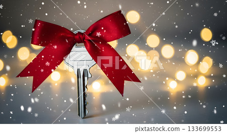 House key with a red ribbon presented as a Christmas gift. Real estate and new home concept for the winter holidays with falling snow and bokeh lights House key with a red ribbon presented as a Christmas gift. Real estate and new home concept for the winter holidays with falling snow and bokeh lights 133699553