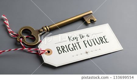Key to a bright future message on a tag with an antique key. Motivational concept for success, career goals, and new beginnings Key to a bright future message on a tag with an antique key. Motivational concept for success, career goals, and new beginnings 133699554