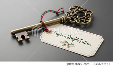 Vintage key with a "Key to a bright future" tag for the holidays. Success, opportunity, and new beginnings concept Vintage key with a "Key to a bright future" tag for the holidays. Success, opportunity, and new beginnings concept 133699555