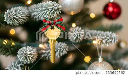 A golden house key ornament hanging on a Christmas tree. Festive decoration with a plaid bow. New home for the holidays and real estate gift concept A golden house key ornament hanging on a Christmas tree. Festive decoration with a plaid bow. New home for the holidays and real estate gift concept 133699562