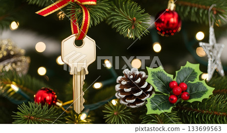A house key hanging as an ornament on a decorated Christmas tree. New home for the holidays and real estate gift concept. Festive background with bokeh lights A house key hanging as an ornament on a decorated Christmas tree. New home for the holidays and real estate gift concept. Festive background with bokeh lights 133699563