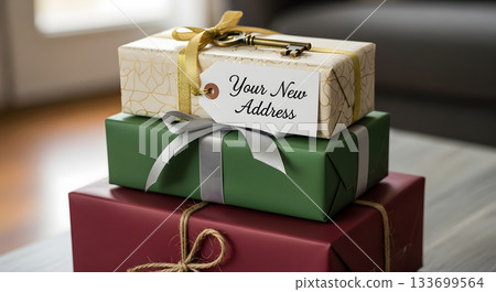 Stack of housewarming gifts with a key and a 'Your New Address' tag. Real estate and moving to a new home concept. Celebration presents for a new homeowner 133699564