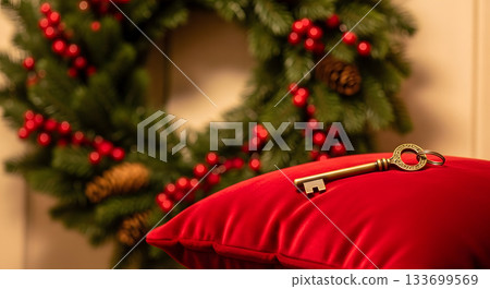 A vintage brass key on a red velvet cushion. Festive Christmas holiday background with a decorative wreath. New home and opportunity concept A vintage brass key on a red velvet cushion. Festive Christmas holiday background with a decorative wreath. New home and opportunity concept 133699569