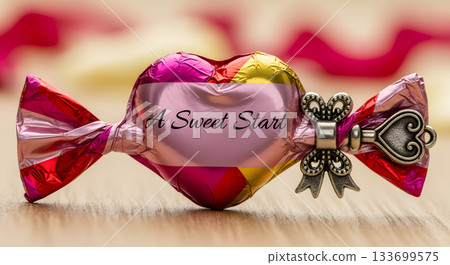 Heart-shaped candy with "A Sweet Start" message and an antique key charm. A romantic gift for Valentine's Day or an anniversary. New beginnings concept 133699575