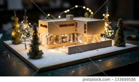 Architectural model of a modern house in a winter scene. Miniature building illuminated with festive fairy lights. Real estate and construction project concept Architectural model of a modern house in a winter scene. Miniature building illuminated with festive fairy lights. Real estate and construction project concept 133699586