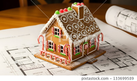 Festive gingerbread house on top of construction blueprints. Creative concept for architecture, design, and holiday baking 133699589