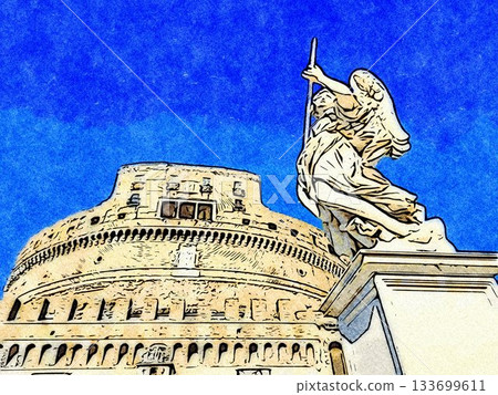 The angel with the spear in front of the building on a summer day in Rome. 133699611