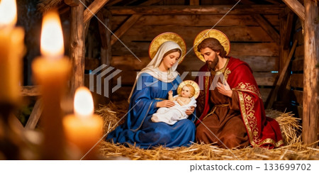 Nativity scene with Mary, Joseph and baby Jesus in the manger, warm candlelight Christmas illustration of the Holy Family, biblical newborn Christ, Bethlehem night 133699702