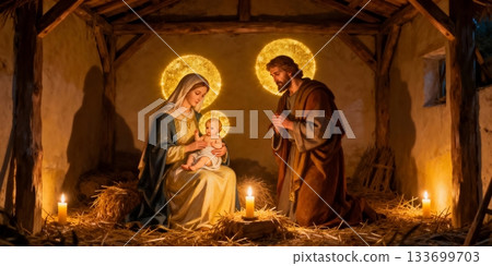 Nativity scene with Mary, Joseph and baby Jesus in the manger, warm candlelight Christmas illustration of the Holy Family, biblical newborn Christ, Bethlehem night Nativity scene with Mary, Joseph and baby Jesus in the manger, warm candlelight Christmas illustration of the Holy Family, biblical newborn Christ, Bethlehem night 133699703
