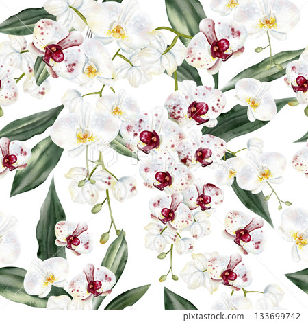 Beautiful seamless pattern with white-red orchids. Beautiful seamless pattern with white-red orchids. 133699742