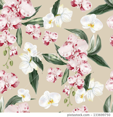 Beautiful seamless pattern with pink flowers and green leaves of orchids. 133699750