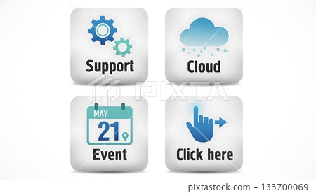 Four distinct icons representing support cloud computing event scheduling and a call to action button 133700069