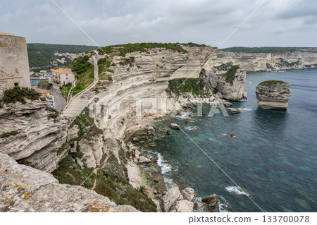 Aerial view marina cape Bonifacio south Corsica France citadel on rocky promontory on wild white limestone cliffs Aerial view marina cape Bonifacio south Corsica France citadel on rocky promontory on wild white limestone cliffs 133700078