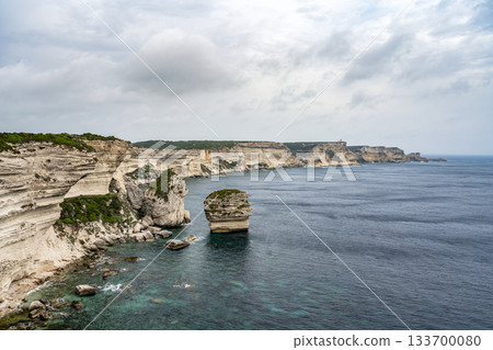 Aerial view marina cape Bonifacio south Corsica France citadel on rocky promontory on wild white limestone cliffs Aerial view marina cape Bonifacio south Corsica France citadel on rocky promontory on wild white limestone cliffs 133700080