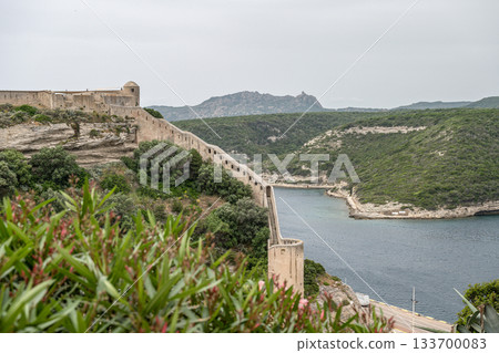 Aerial view marina cape Bonifacio south Corsica France citadel on rocky promontory on wild white limestone cliffs Aerial view marina cape Bonifacio south Corsica France citadel on rocky promontory on wild white limestone cliffs 133700083