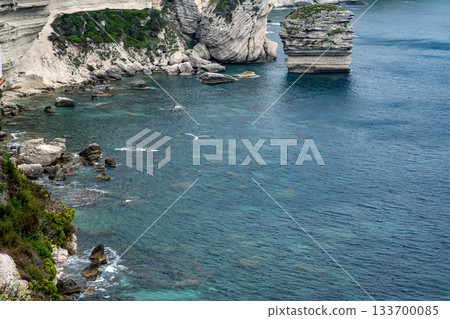 Aerial view marina cape Bonifacio south Corsica France citadel on rocky promontory on wild white limestone cliffs 133700085