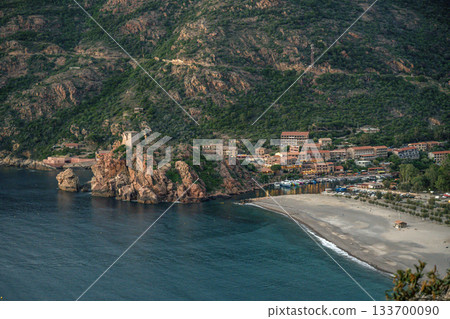 Aerial view town ruins Genoese tower of Porto Corsica France medieval watchtower Mediterranean Sea Calanches de Piana Aerial view town ruins Genoese tower of Porto Corsica France medieval watchtower Mediterranean Sea Calanches de Piana 133700090