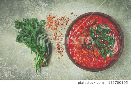 Chashushuli, a traditional Georgian dish, spicy, stewed meat with tomatoes and spices, homemade, no people, 133700195