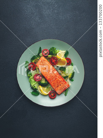 grilled salmon fillet, with vegetables, broccoli, cherry, iceberg lettuce, spices and herbs, homemade, no people, 133700200