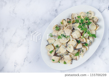 vongole clams, in cream sauce, on a white plate, homemade, top view, no people, vongole clams, in cream sauce, on a white plate, homemade, top view, no people, 133700209