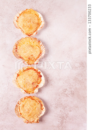 scallop, baked in shells, with cheese and spices, on the table, homemade, scallop, baked in shells, with cheese and spices, on the table, homemade, 133700233