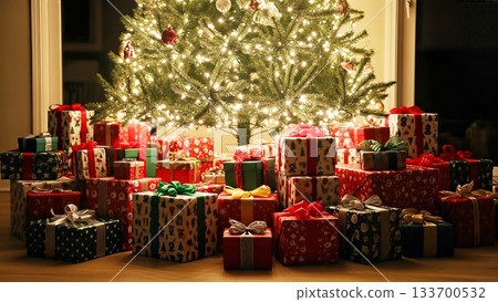 A pile of Christmas presents and a tree lit up with warm holiday lights 133700532