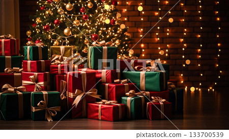 一堆聖誕禮物和一棵掛滿溫暖節日彩燈的聖誕樹 133700539
