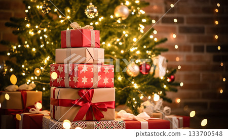 一堆聖誕禮物和一棵掛滿溫暖節日彩燈的聖誕樹 133700548
