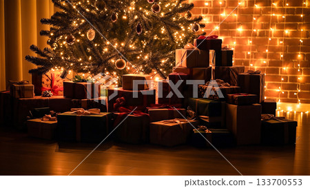 一堆聖誕禮物和一棵掛滿溫暖節日彩燈的聖誕樹 133700553