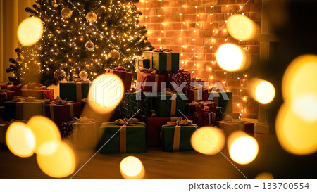一堆聖誕禮物和一棵掛滿溫暖節日彩燈的聖誕樹 133700554