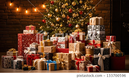 一堆聖誕禮物和一棵掛滿溫暖節日彩燈的聖誕樹 133700596