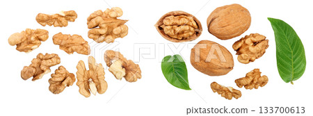 peelled Walnuts isolated on white background. Top view. Flat lay peelled Walnuts isolated on white background. Top view. Flat lay 133700613