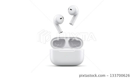 Modern white wireless earbuds floating above their open charging case on a clean white background 133700626