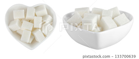 Sugar cubes in a ceramic bowl isolated on white background. Top view. Flat lay Sugar cubes in a ceramic bowl isolated on white background. Top view. Flat lay 133700639
