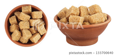 brown sugar in a ceramic bowl isolated on white background. Top view. Flat lay 133700640