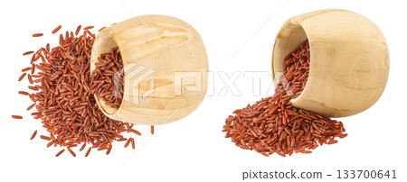 red rice in a wooden bowl isolated on white background. Top view. Flat lay 133700641