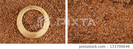 flaxseed in wooden bowl as a background. Top view. Flat lay 133700646