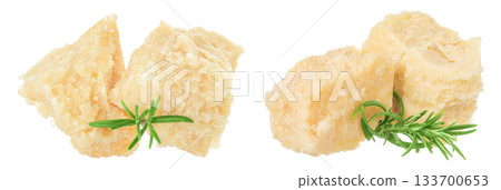 Pieces of parmesan cheese with rosemary isolated on white background. Top view. Flat lay 133700653