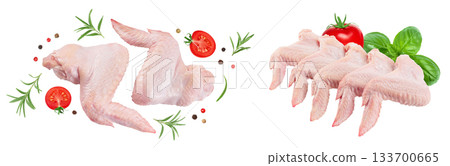 Raw chicken wings isolated on white background with full depth of field. Top view. Flat lay 133700665