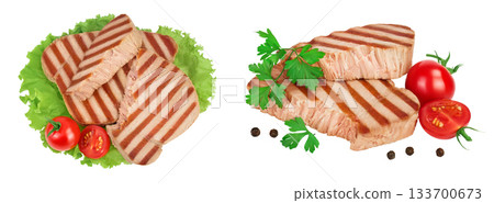 Tuna fish steak grilled isolated on white background with full depth of field. Top view. Flat lay 133700673