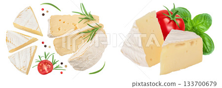 Camembert cheese isolated on white background full depth of field. Top view. Flat lay Camembert cheese isolated on white background full depth of field. Top view. Flat lay 133700679