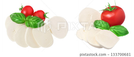 Mozzarella cheese sliced with basil leaf and tomato isolated on white background . Top view. Flat lay 133700681
