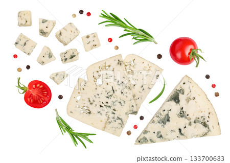 Blue cheese slices with rosemary isolated on white background . Top view with copy space for your text . Flat lay. Blue cheese slices with rosemary isolated on white background . Top view with copy space for your text . Flat lay. 133700683