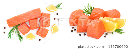 Slice of red fish salmon with rosemary and lemon isolated on white background. Top view. Flat lay 133700690