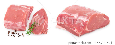 Raw pork meat with rosemary and peppercorn isolated on white background. Top view. Flat lay Raw pork meat with rosemary and peppercorn isolated on white background. Top view. Flat lay 133700691