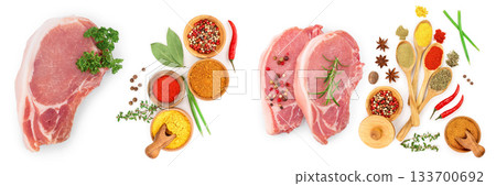 sliced raw pork meat with parsley isolated on white background. Top view. Flat lay sliced raw pork meat with parsley isolated on white background. Top view. Flat lay 133700692