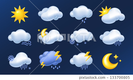 Weather 3d elements set in realistic render design. Collection of sun, cloud, rain, wind blow, moon, snow, lightning, thunder, storm, sky and other meteorology forecast symbols. Illustration. 133700805