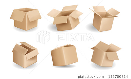 Brown packing box 3d elements set in realistic render design. Collection of open and closed cardboard parcels, empty delivery paper packages, storage container in different view. Illustration. 133700814