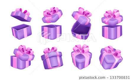 Gift box 3d elements set in realistic render design. Collection of open and closed purple present with pink ribbon and bow in different view, flying holiday surprise giftboxes. Illustration. Gift box 3d elements set in realistic render design. Collection of open and closed purple present with pink ribbon and bow in different view, flying holiday surprise giftboxes. Illustration. 133700831