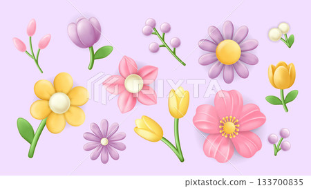 Flowers 3d elements set in realistic render design. Collection of soft pastel pink, lilac and yellow colours of abstract glossy tulips, daisies and wildflowers on green stems. Illustration. 133700835